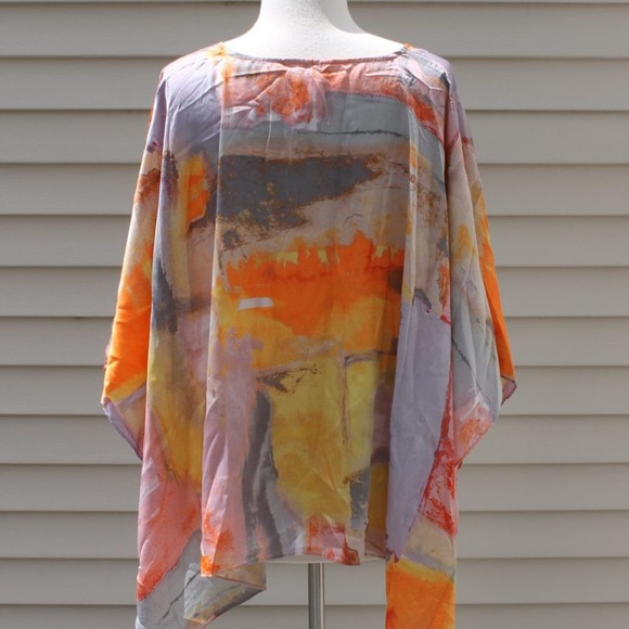 Chico's Silk Kimono Sunset Orange Abstract Print Size: S/M - Picture 6 of 8